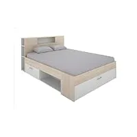 vente-unique - lit avec tête de lit rangements et tiroirs - 160 x 200 cm - coloris : naturel et blanc - leandre
