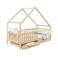 idimex lit cabane alva lit enfant simple asymétrique en bois 90 x 200 cm montessori, avec rangement 2 tiroirs, en pin massif à la finition naturelle