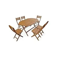 alice's garden - table de jardin pliable 150cm en bois d'acacia déjà huilé. forme ovale avec 6 chaises pliables