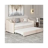 kecduey lit rembourré 90 x 200 cm avec coffre de lit, lit fonctionnel pour adolescents, tissu en lin résistant, lit d'appoint extensible (sans matelas) (beige)