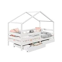 idimex lit cabane ena lit enfant simple montessori 90 x 200 cm, avec 2 tiroirs de rangement, en pin massif lasuré blanc