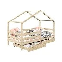 idimex lit cabane ena lit enfant simple montessori 90 x 200 cm, avec 2 tiroirs de rangement, en pin massif à la finition naturelle