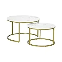 homcom lot de 2 tables basses gigognes tables rondes plateau blanc aspect marbre et pied en acier doré