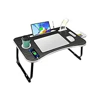 airopen table de lit support ordinateur portable, table pliante avec 4 ports usb/tiroir/support tablette/poignée/tasse fente, table pour lit, canapé, sol (60x40cm, noir)