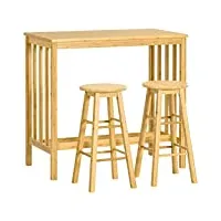 homcom ensemble table de bar rectangulaire + 2 tabourets ronds bambou avec repose-pieds table mange-debout table haute cuisine - 3 pièces