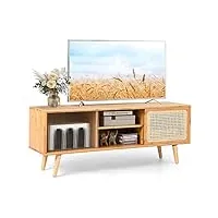 costway meuble tv en bambou avec 4 compartiments pour tv 55" au max, banc tv à 4 pieds en bois massif, 2 portes coulissantes en rotin et verre trempé, 120,5x31x45,5cm (120x31x45,5cm)