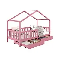 idimex lit cabane elea lit enfant simple montessori 90 x 190 cm, avec 2 tiroirs de rangement, en pin massif lasuré rose