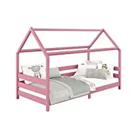 idimex lit cabane fina lit simple pour enfant montessori 90 x 190 cm, avec barrières de protection sur 3 côtés, en pin massif lasuré rose