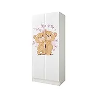 leomark blanc armoire à deux portes - roma - les oursons d'amour avec portes fonctionnelles, penderie pour vêtements, style scandinave, meubles pour enfants 161,5 (h) cm