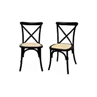 alice's home - lot de 2 chaises de bistrot en bois d'hévéa noir. vintage. assise en rotin. empilables