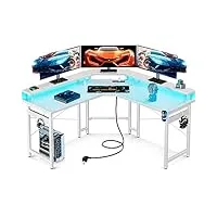 odk table de gaming avec led, bureau de gaming avec 2 prises électriques et 2 ports usb, bureau de pc gaming avec large plateau pour moniteur, bureau gamer en fibre de carbone blanc, 129x129 cm
