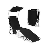 costway chaise longue pliante inclinable avec auvent rotatif à 360° charge 150kg, bain de soleil réglable à 5 positions métal antirouille bain de soleil pour camping terrasse (noir)
