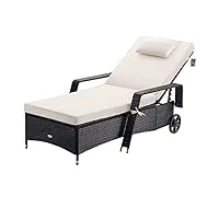 casaria® chaise longue en polyrotin noir-crème coussin 7cm 2 roulettes max 160kg dossier réglable bain de soleil jardin