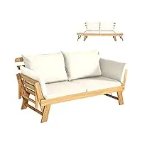 komfotteu banc de jardin en bois, chaise longue avec coussin, chaise longue réglable des deux côtés, banc multifonction pour jardin, terrasse et balcon, blanc