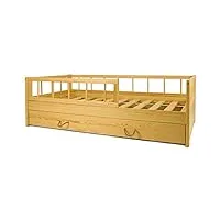 velinda lit d'enfant en bois avec barrière et double couchage style scandinave 160x80cm (couleur: bois naturel)