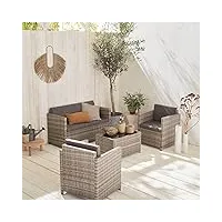 alice's garden - salon de jardin en résine tressée - perugia - nuances de gris. coussins gris - 4 places - 1 canapé. 2 fauteuils. une table basse