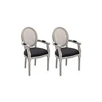 vente-unique - lot de 2 chaises avec accoudoirs - cannage, tissu et bois d'hévéa - noir - antoinette