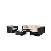 arebos meubles de jardin en poly rotin | ensemble de salon noir | structure en aluminium | table avec plateau en verre | avec fauteuil à accoudoirs | 4 personnes | noir