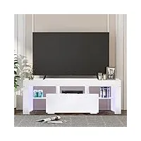 leadzm meuble tv led, banc tv laqué 130x35x45 cm, meuble tv avec rangement meuble télé en verre, convient pour salon ou chambre (blanc)