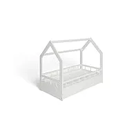 ms factory lit enfant bébé avec un matelas maison 70x140 cm - lit en massif cabane avec protection anti-retombée, barrière sécurité - style scandinave montessori - blanc barrières