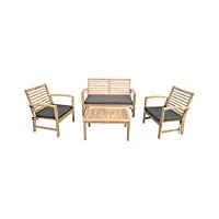 happy garden - salon de jardin goa en acacia avec coussins gris. ensemble canapé, fauteuils et table basse d'extérieur pour 4 personnes