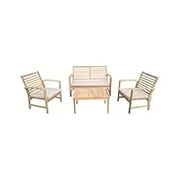 happy garden - salon de jardin goa en acacia avec coussins sable. ensemble canapé, fauteuils et table basse d'extérieur pour 4 personnes