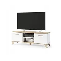 vbchome meuble tv 150 x 40 x 52 cm en chêne blanc mat avec deux portes et poignées à deux compartiments, meuble tv bas, élégant, moderne