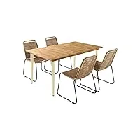 alice's garden - table de jardin maringa bois et métal ivoire 150cm + 4 chaises de jardin en corde beige brasilia. empilables