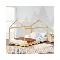 [en.casa] lit enfant forme maison pour chambre d'enfant lit cabane robuste avec sommier à lattes bambou 70 x 140 cm naturel