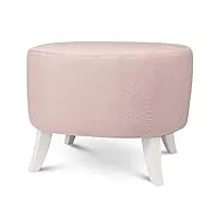 pouf ovale 52x62x46 cm - en tissu imitant la fourrure rose avec pieds en bois naturel blanc - repose-pieds pour fauteuil, tabouret bas pour salon, entrée, chambre, tabouret bureau
