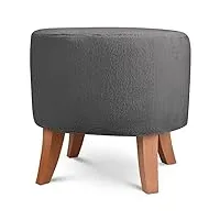 pouf ovale 42x52x45 cm - en tissu imitant la fourrure gris foncé avec pieds en bois naturel - repose-pieds pour fauteuil, tabouret bas pour salon, entrée, chambre, tabouret bureau