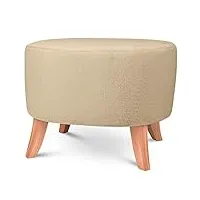 pouf ovale 52x62x46 cm - en tissu imitant la fourrure beige avec pieds en bois naturel - repose-pieds pour fauteuil, tabouret bas pour salon, entrée, chambre, tabouret bureau