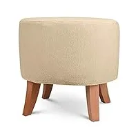 pouf ovale 42x52x45 cm - en tissu imitant la fourrure beige avec pieds en bois naturel - repose-pieds pour fauteuil, tabouret bas pour salon, entrée, chambre, tabouret bureau