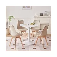 ensemble table à manger moderne et 4 chaises, table à manger ronde en mdf blanc pour 2-4 personnes + 4 chaises de cuisine kaki, pour cuisine salle à manger salle de réunion