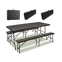 iztoss table a manger pliante avec lot de 2 bancs pliable - table de jardin exterieur avec bancs plastique - rectangulaire - pliable (table+bancs-noir)