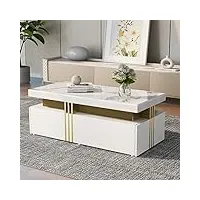 hainew table basse moderne avec plateau à motif en pvc et 2 tiroirs en bois, table de salon rectangulaire pour salon, 100 x 50 x 40 cm, blanche