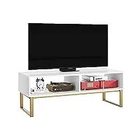 firfurd meuble tv blanc meuble télé meuble tv bois avec 2 Étagères banc tv pour salon chambre meuble télévision en bois et métal 108x40x40cm