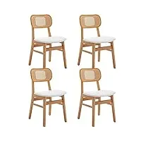 wahson lot de 4 chaise de salle à manger en rotin et chaise bois, chaise salle à manger bois rétro avec coussin imperméable, chaise de cuisine confortable pour salle à manger et salon, blanc