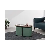 vente-unique - table basse + 2 poufs en tissu - naturel et vert - adar
