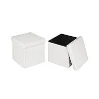 esituro lot de 2 pouf coffre de rangement, repose-pieds tabouret pliable avec couvercle, ottoman cube siège pliant pour salon, en tissu polaire, blanc
