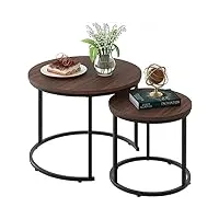 bakaji lot de 2 tables de salon à encastrer, forme ronde avec structure en métal noir et plateau en bois noyer, tables à café économise espace design industriel, décoration de salon, maison