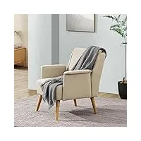 [en.casa] fauteuil de salon style scandinave siège rembourré petite chaise confortable pour séjour chambre bureau bois stratifié polyester polyuréthane 83 x 73 x 75 cm beige naturel