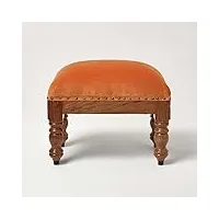 homescapes repose-pieds rectangulaire en velours, petit tabouret bas orange, pouf en bois 50x30x40 cm