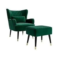 vesgantti fauteuil de relaxation avec repose-pieds en velours fauteuil scandinave chaise fauteuil relax confortable avec oreiller lombaire et pieds en métal pour salon chambre - vert