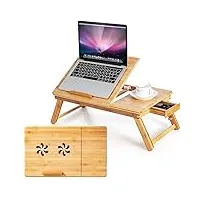 costway table de lit pliable 53 x 33 cm, plateau de lit en bambou avec pieds réglables et plateau inclinable, support d'ordinateur portable avec tiroir et trous d'aération, naturel