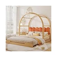 kecduey lit gigogne pour enfant 140 x 100 cm et 140 x 200 cm, lit de toit bombé extensible, lit coulissant, lit double, coussin en velours, cadre en bois de pin, naturel et orange