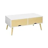homcom table basse de salon rectangulaire avec 2 tiroirs et 1 compartiment ouvert 4 pieds inclinés bois - 90 x 48 x 39 cm - blanc et naturel