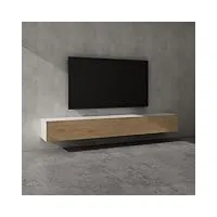 sogood meuble tv bas 240 cm armoire tv blanc mat + marron clair table de télévision salon avec portes meuble tv suspendu mbtv02