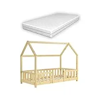 lit pour enfant cabane maison avec matelas barrière et sommier à lattes en bois de pin naturel 80 x 160 cm 03_0005483