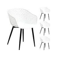 idimex lot de 4 chaises madeira pour salle à manger ou cuisine au design retro avec accoudoirs, assise en plastique blanc et 4 pieds en métal noir
